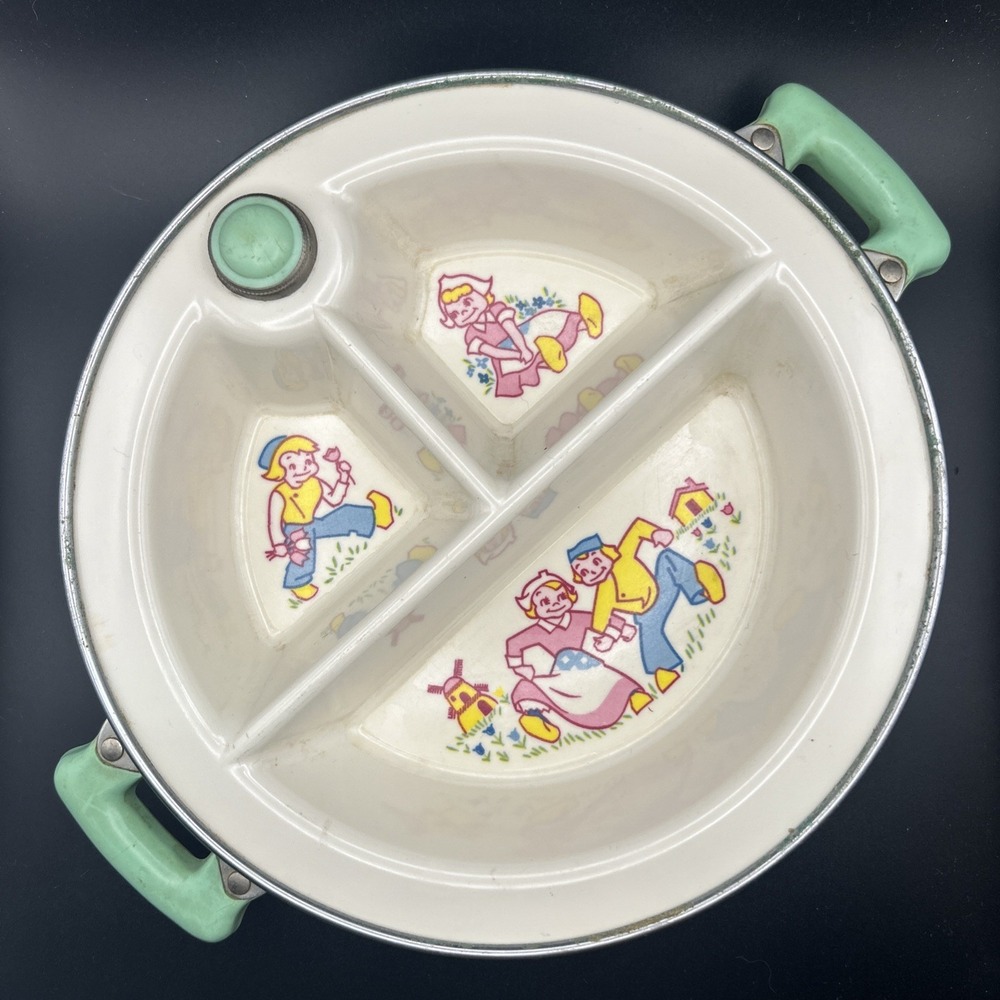 Vintage Boy & Girl Green Water Heated Baby Food Warmer Divided Dish Screw Plug